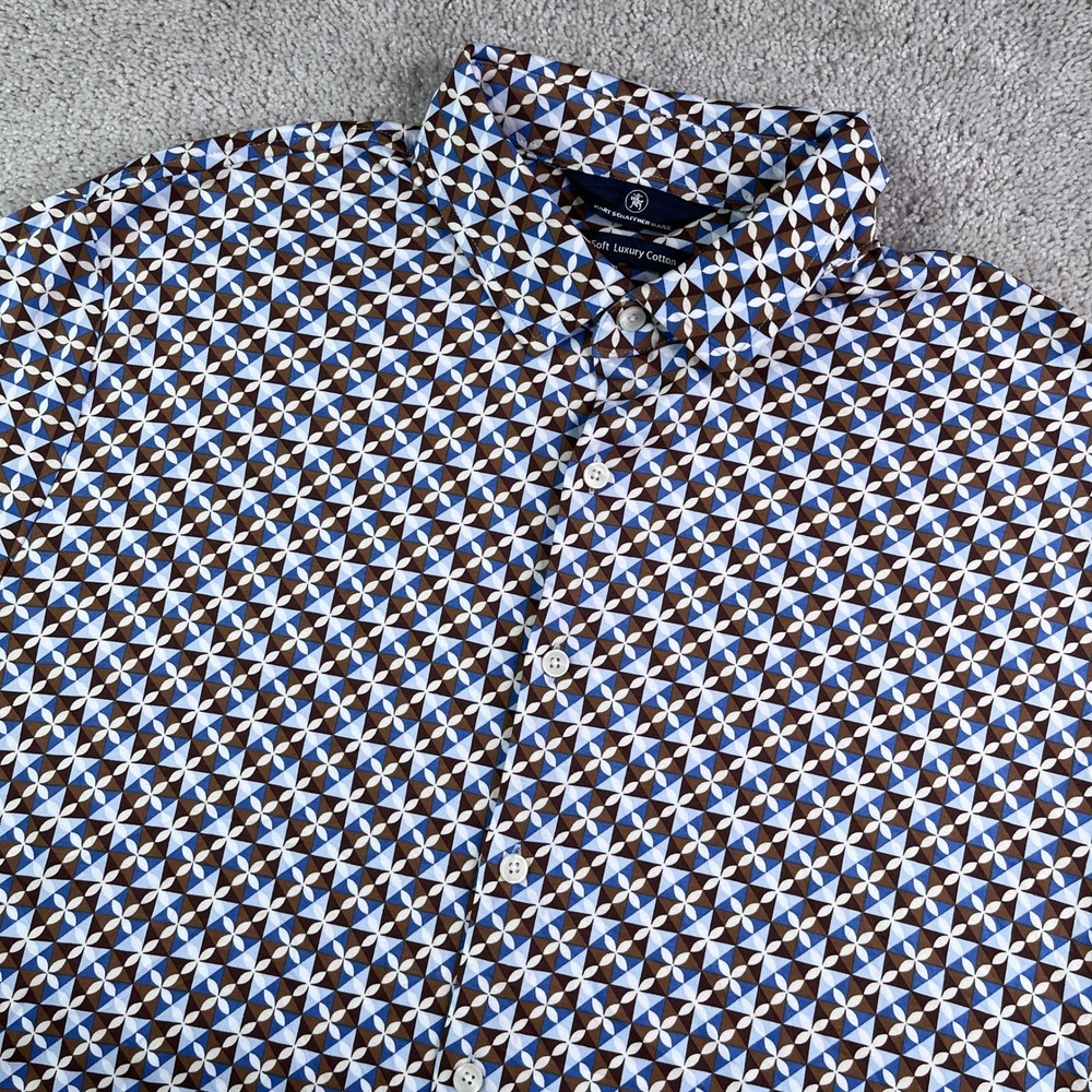Hart Schaffner Marx Shirt Mens XL Blue Brown Geometric HartSoft Luxury Cotton